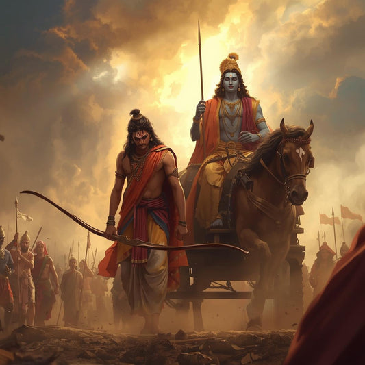 Bhagwat Gita Chapter 1 depiction of Arjuna walking with bow before Krishna on a war chariot drawn by a horse on the Kurukshetra battlefield, dramatic sky and soldiers in background