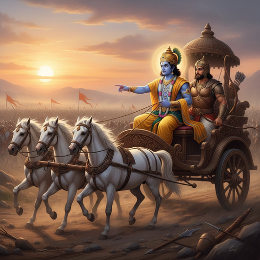 A detailed illustration of Lord Krishna as a charioteer guiding Arjuna on a four-horse chariot across a battlefield at sunrise, with flags, warriors, and scattered weapons in the background, evoking the scene from the Mahabharata’s Bhagavad Gita quote