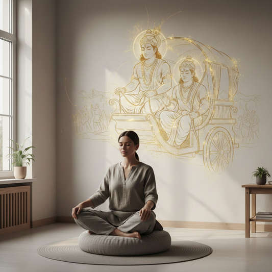 Modern emotional wellness inspired by Bhagavad Gita wisdom in a calm, reflective setting