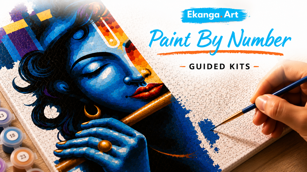A hand holding a paintbrush painting on a canvas featuring a colorful portrait of Lord Krishna. The image includes text overlays reading 'Ekanga Art', 'Paint By Number', and 'GUIDED KITS', along with small paint pots on the left side.